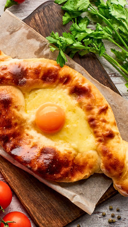 A close-up shot of a golden-brown Khachapuri Adjaruli, a boat-shaped bread filled with melted cheese and a perfectly cooked egg yolk.の写真素材