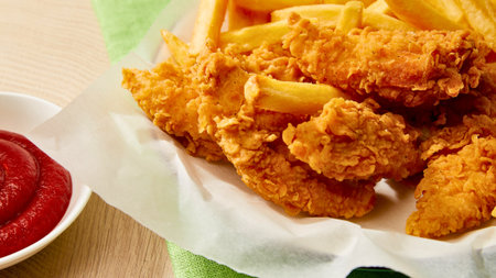 A close-up shot of a basket filled with delicious golden brown chicken tenders and crispy french fries, served with a side of ketchup.の写真素材