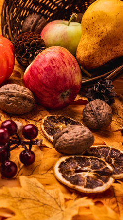A vibrant still life arrangement featuring a bounty of autumn fruits nuts and dried citrus slices on a warm textured surface.の写真素材