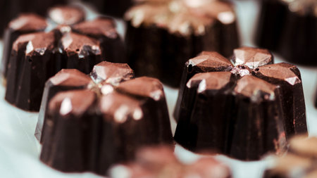 Close-up of gourmet dark chocolate candies, each adorned with delicate, sculpted chocolate petals, presented in a shallow depth of field.の写真素材
