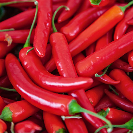 A close-up, overhead view of a large pile of fresh, vibrant red chili peppers with green stems.
