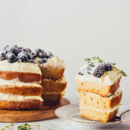 A beautifully decorated naked cake with layers of sponge, cream, and fresh berries, a slice is being served.の写真素材