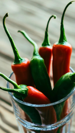 A close-up shot showcases a cluster of fresh, ripe chili peppers, some red and some green, artfully arranged in a clear glass bowl.の写真素材