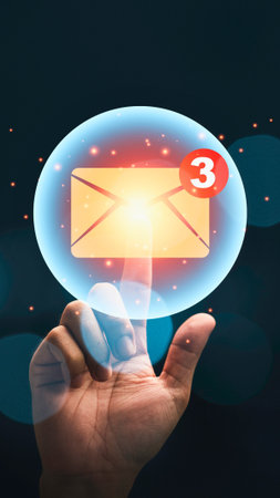 A glowing digital envelope with a notification count of three hovers above a person's outstretched...