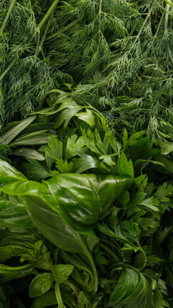 A close-up view of a large pile of fresh, vibrant green herbs, likely parsley and dill, ready for culinary use.の写真素材