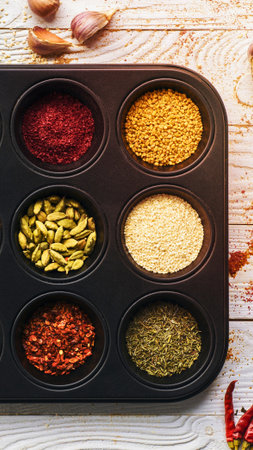 A dark muffin tin holds six different colorful spices and seasonings, with whole garlic and chili peppers scattered around.の写真素材
