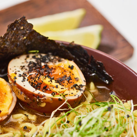 A close-up shot of a steaming bowl of ramen, featuring a perfectly cooked soft-boiled egg, nori seaweed, and fresh sprouts.の写真素材