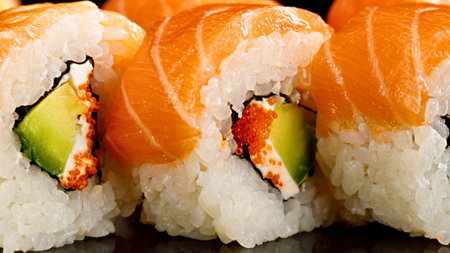 A detailed macro shot of several delicious sushi rolls featuring vibrant salmon, creamy avocado, and rice.の写真素材