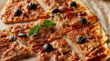 A close-up view of a freshly baked pizza, sliced into pieces, adorned with black olives and a vibrant green basil leaf.の写真素材