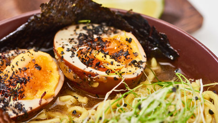 A close-up shot of a savory ramen dish featuring perfectly cooked soft-boiled eggs, crisp seaweed, and fresh sprouts.の写真素材
