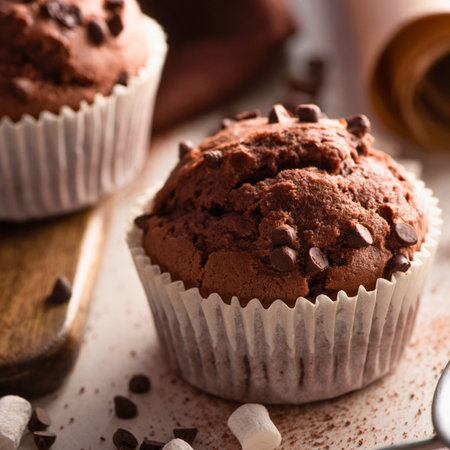 Close-up of two freshly baked chocolate chip muffins in white paper liners, dusted with cocoa powder.の写真素材