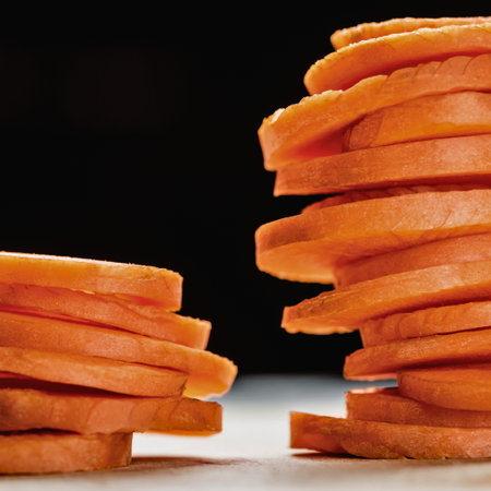 Two neat stacks of thinly sliced, vibrant orange carrots are presented against a dark, contrasting background, highlighting their texture and color.の写真素材