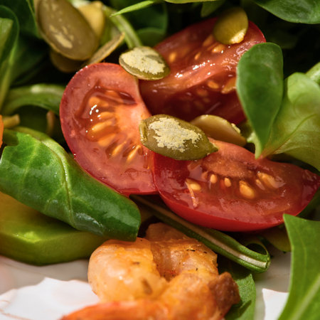 A vibrant close-up of a healthy salad featuring succulent shrimp, ripe tomatoes, crisp greens, and crunchy seeds.の写真素材