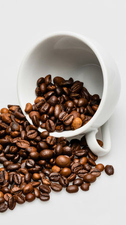 A white ceramic coffee cup is tipped over, spilling a generous amount of dark roasted coffee beans onto a plain white surface.の写真素材