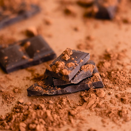 Close-up of broken dark chocolate pieces dusted with cocoa powder and small nut fragments on a textured surface.の写真素材