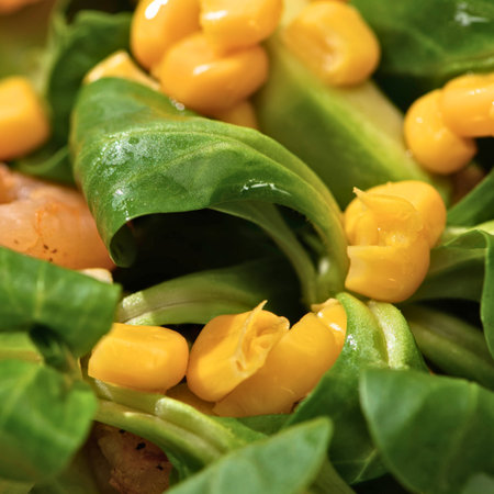 A detailed, macro view of a healthy salad featuring bright yellow corn kernels mixed with fresh, green leafy vegetables.の写真素材