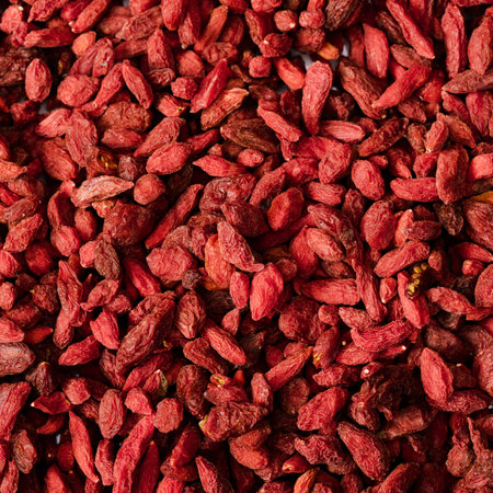 A detailed, top-down view of a pile of dried red goji berries, showcasing their textured surfaces and rich color.の写真素材