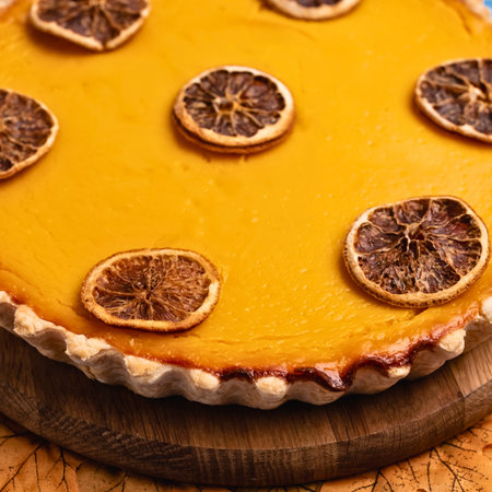 A close-up view of a golden pumpkin pie, adorned with decorative dried lemon or orange slices, presented on a wooden board.の写真素材