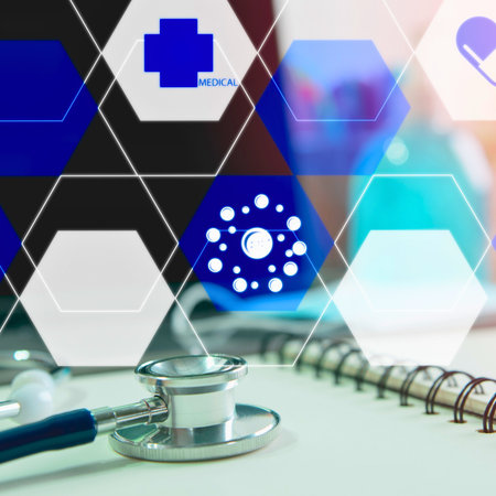 A stethoscope rests on a notebook with a futuristic digital overlay of medical icons and hexagonal patterns.の写真素材