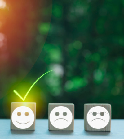 A green checkmark signifies a positive customer experience selected on a happy face emoji block.