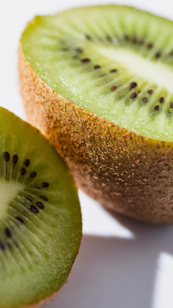 A detailed view of a halved kiwi fruit, showcasing its fuzzy brown skin and bright green flesh with tiny black seeds.の写真素材