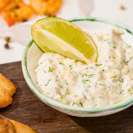A close-up of a bowl filled with a creamy dip, garnished with lime and herbs, next to toasted bread and shrimp.の写真素材