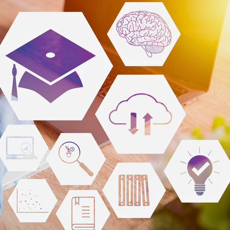 A collection of hexagonal icons depicting graduation, brain, cloud, lightbulb, and other educational...