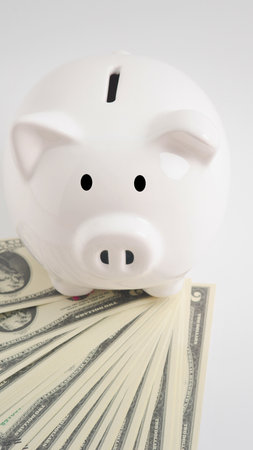 A white ceramic piggy bank sits atop a fanned out pile of US currency, symbolizing savings and financial accumulation.の写真素材