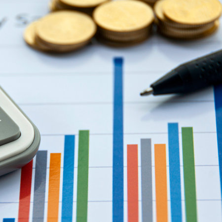 A close-up shot of a financial chart with coins, a pen, and a calculator, symbolizing investment and economic growth.の写真素材