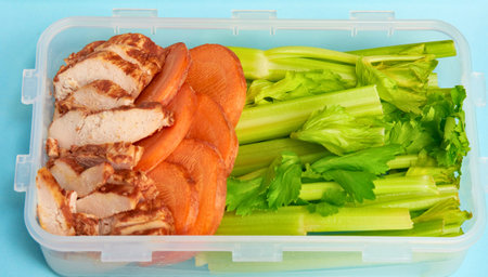 A clear plastic container holds sliced grilled chicken, a piece of salmon, and fresh celery, ready...
