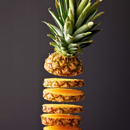 A whole pineapple sits atop a stack of its sliced rings, creating a visually striking, gravity-defying composition against a dark backdrop.の写真素材