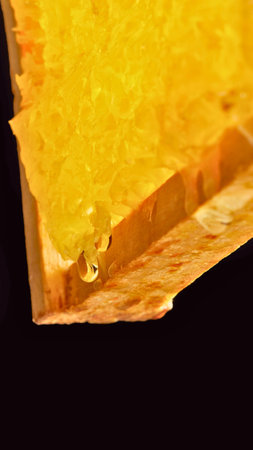 A macro view of a textured, translucent yellow crystal. A tiny, shiny metallic object is visible on its surface.の写真素材