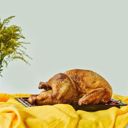 A perfectly roasted chicken, golden brown and glistening, rests on a dark platter atop a vibrant yellow cloth. A sprig of greenery adds a touch of freshness.の写真素材