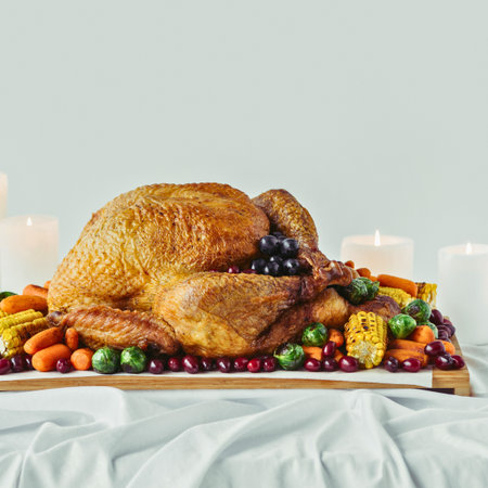A beautifully roasted golden brown turkey is presented on a wooden board surrounded by vibrant carrots, potatoes, and grapes, ready for a festive meal.の写真素材
