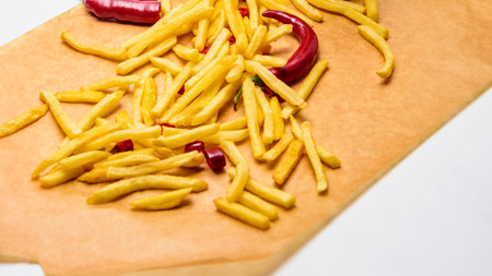 A pile of crispy fried potato sticks is scattered across brown parchment paper, with a few red...