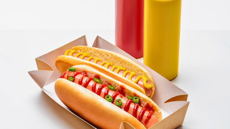 Two classic hot dogs, one with mustard and one with ketchup and relish, sit in a paper tray with condiment bottles behind them.の写真素材