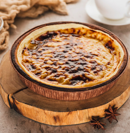 A golden-brown baked custard dessert with a perfectly caramelized sugar crust in a round dish, ready to be served.の写真素材