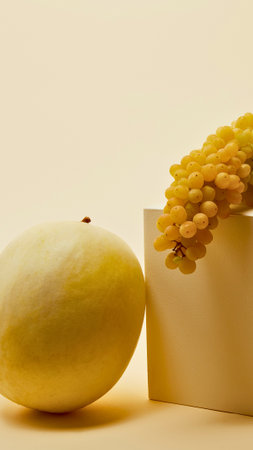 A ripe yellow mango sits next to a white box with yellow grapes on top against a plain background.の写真素材