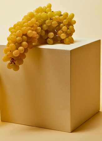 A bunch of ripe, golden grapes is artfully placed on the edge of a simple, light brown cube.の写真素材