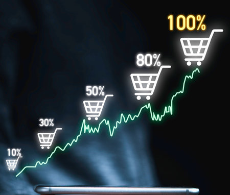 A rising green line graph shows increasing sales. Shopping carts with percentages indicate e-commerce growth milestones.の写真素材