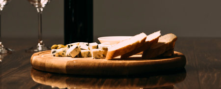 A wooden board displays a selection of cheeses and sliced bread, with wine glasses and a bottle in the background.の写真素材