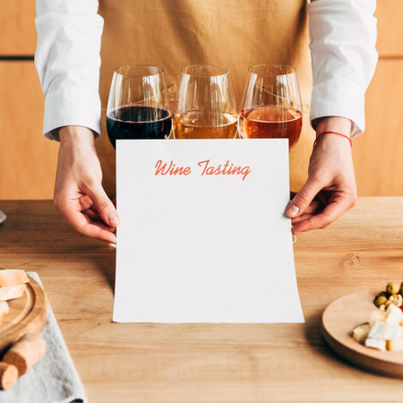 A person in an apron holds a blank paper with handwritten text, in front of three glasses of wine. A wooden table is visible.の写真素材