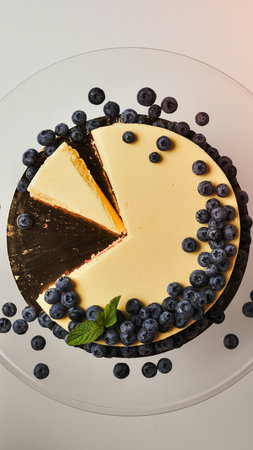 A slice of creamy cheesecake with a dark chocolate crust is adorned with fresh blueberries and a sprig of mint.の写真素材