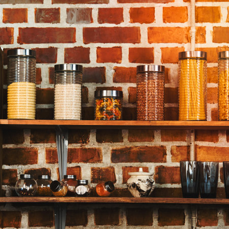 A close-up shot of two wooden shelves filled with various jars, containers, and bottles against a rustic brick wall.の写真素材