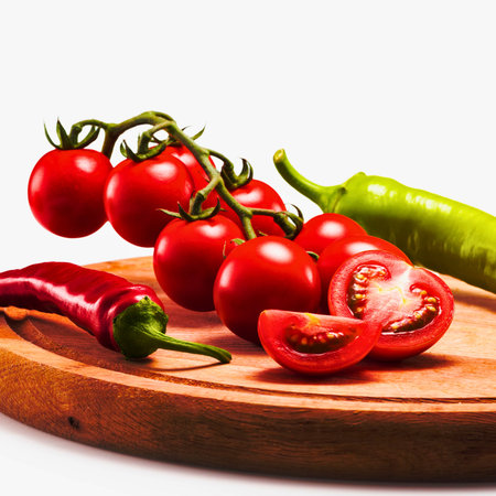 A vibrant arrangement of red tomatoes on the vine and colorful chili peppers rests on a rustic wooden cutting board.の写真素材