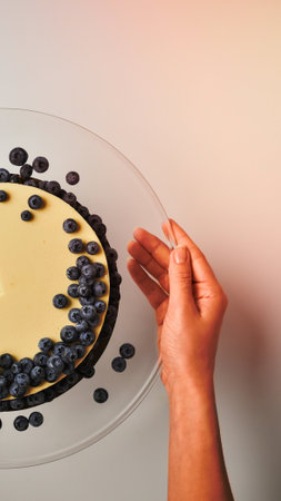 A close-up shot shows a hand carefully placing fresh blueberries onto a smooth, creamy cheesecake with a dark crust.の写真素材