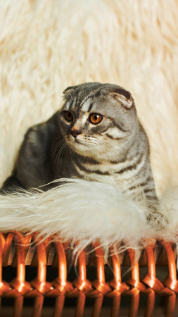 A Scottish Fold cat with distinctive folded ears lies comfortably on a fluffy, textured surface, looking towards the viewer.の写真素材