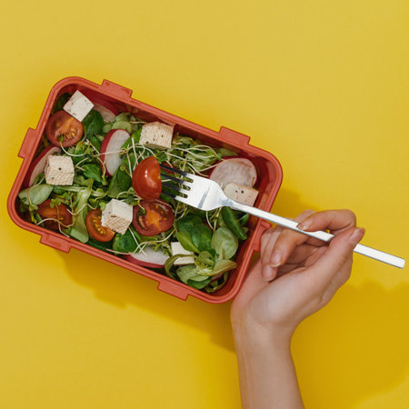 A hand holds a fork over a vibrant, fresh salad in a red lunchbox against a bright yellow background.の写真素材