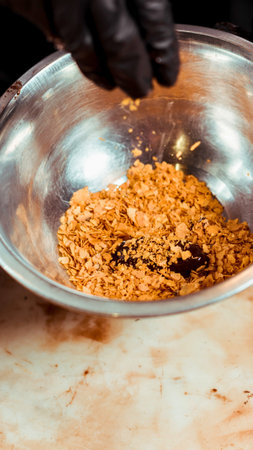 A gloved hand sprinkles dry spices into a large metal mixing bowl, ready for culinary use.