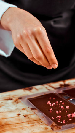 A close-up shot of a chef's hand delicately sprinkling small toppings onto a dark chocolate dessert on a wooden surface.の写真素材